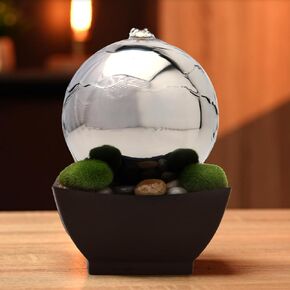 E-ANG.W Tabletop Fountain Includes Double Natural Moss Rocks,Soothing Sound Automatic Pump,Stainless Steel Ball Water Fountain,Indoor Zen Relaxation for Home,Office Décor Valentines Day Gifts
