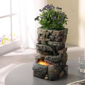 Tolevoit Indoor Small Tabletop Fountains and Waterfalls Home Decorations with LED Lights Relaxtion Soothing Sound Suitable for Meditation Planting Plants by Yourself(23109)