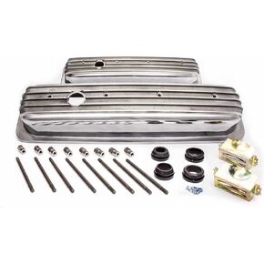 Racing Power Company R6196 Short Finned Polished Aluminum Center Bolt Valve Cover for Small Block Chevy