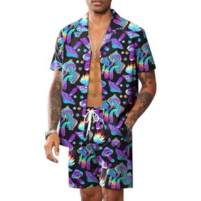 LecGee Men's Rave Outfits Hawaiian Shirts and Shorts Sets 2 Pieces Retro 80s 90s Outfit