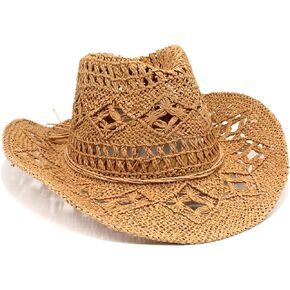 Straw Cowboy Hats for Women Sparkly Western Cowgirl Hat for Holiday Party Foldable Vacation Beach Sun Hat with Wide Brim