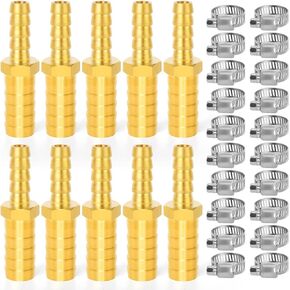 TAISHER 10PCS Brass Hose Barb Fittings 3/8 Inch to 5/16 Inch Barb Hose, Reducing Barb Brabed Fitting Splicer Mender Union Air Water Fuel with 20PCS Hose Clamp