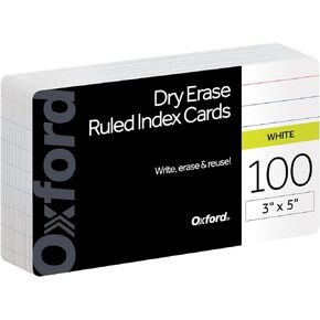 Oxford Dry Erase Index Cards, 3x5 Ruled, Reusable Flash Cards, Double Sided Dry & Wet Erase Cards for Gaming, Study or Vocabulary, 100-Pack (63512)