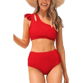CUPSHE Women's Bikini Sets Two Piece Swimsuit High Waisted Ruffle Cutout One Shoulder Shirred Swimwear