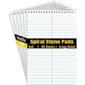 1InTheOffice Steno Pads Spiral 6x9, Steno Note Pads, Spiral Steno Pads, Gregg Ruled, 80 Sheets/Pack, White, 6 Pack