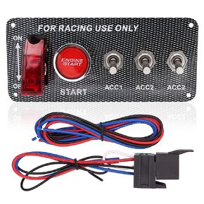 Taxutor Ignition Switch Panel Kit, DC 12V 4 in 1 Car Engine Start Push Button LED Carbon Fiber Toggle Switch Panel for Racing Car