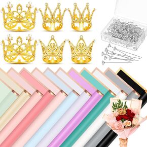 Hinly Flower Wrapping Paper Bouquet Kit with 12 Bouquet Wrap Paper 6 Gold Crowns 200 Bouquet Pins Florist Supplies for Women Wedding Graduation Birthday Bouquet DIY(Black)