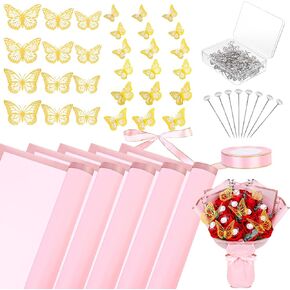 40 Sheets Flower Wrapping Paper Kit Floral Bouquet Wrap Paper with 2 Rolls Ribbons 100 Pcs Flower Pins 48 Pcs 3D Butterflies for Valentine Mother's Day Wedding Birthday Graduation DIY Gift (Pink)