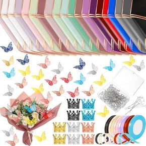Glenmal 610 Pcs Flower Wrapping Bulk 200 Sheets of Flower Wrapping Paper 6 Rolls of Ribbon 192 Butterfly 200 Bouquet Pins 10 Crown 2 Sheets of Adhesive Dots Set for Birthday Wedding Party DIY Craft