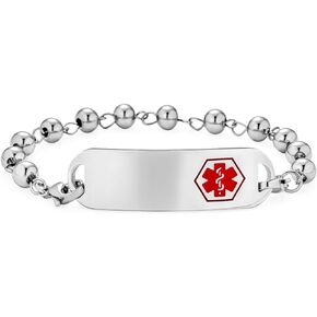 Customizable Engravable Name Tag Identification Medical ID Ball Bead Link Chain Bracelet For Women Teen Stainless Steel 7, 7.5 Inch