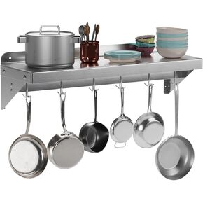 Garvee 12"x36" Stainless Steel Shelf,Multifunctional Metal Wall Mounted Shelf with 2 Stainless Steel Backsplashs and 6 Hooks