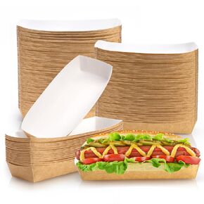 Lyellfe 200 Pack Paper Food Boats, Heavy Duty Hot Dog Tray, Grease Resistant 3 Lb Kraft Take Out Paperboard Tray for Festival, Carnival, Concession Stand, Fries, Chicken Tenders