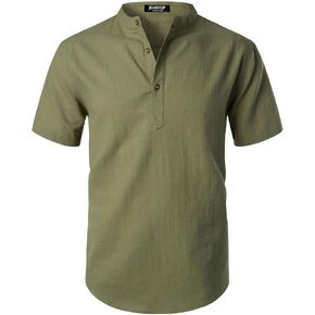 JEMITOP Men's Summer Lightweight Cotton Linen Shirts Casual Short Sleeve Breathable Banded Collar Henley for Beach Vacation