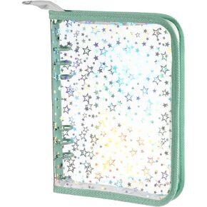 NEWEST A5 Budget Binder Cover with Zipper for Cash Budget System, Glitter Stars A5 6 Ring Binder Planner, Clear PVC Refillable Notebook Shell for Journal Albums Diary School Office Supplies, Purple