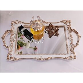 Yamfurga Small Rectangle Decorative Mirror Tray, French Style, Makeup Organizer, Jewelry Organizer, Serving Tray, 13"x 7.8", Golden Pink