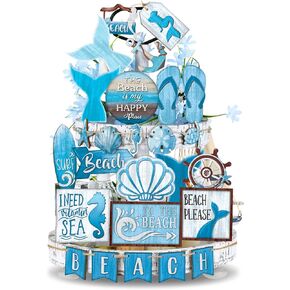 Seeloowy 26 Pcs Swimming Pool Tiered Tray Decoration Summer Wood Signs Summer Kitchen Decoration Rustic Farmhouse Summer Tiered Tray Table Decorations for Summer Home Party