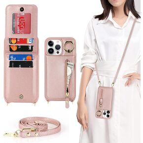 Jaorty Crossbody Wallet for iPhone 13 Pro Case with Adjustable Lanyard Strap Credit Card Holder 6.1",PU Leather Handbag Purse Kickstand Make Up Mirror Cover Case for Men Women Girl,Pink