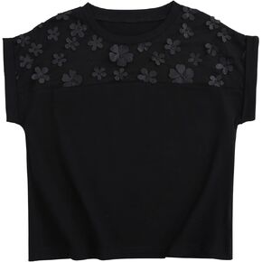 Girls Short Sleeve T-Shirt Top Solid Roll Up Cuffs Crew Neck Fashion Tees with Spliced 3D Floral 3-12Y