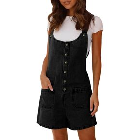 PLNOTME Women's Summer Denim Overall Shorts Button Up Front Sleeveless Jean Overalls Romper with Pockets