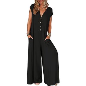 MEROKEETY Women's 2024 Summer Cap Sleeve Jumpsuits Deep V Neck Button Onesie Wide Leg Pants Rompers