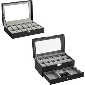 SONGMICS 2 Items Bundle - Watch Boxes, 12-Slot Watch Box with Large Glass Lid and Removable Watch Pillows, 2-Layer Case with 12 Slots, Black Synthetic Leather, Gray Lining UJWB12BK and UJWB012