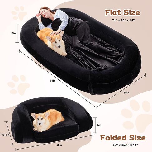 سرير Yojoker للكلاب البشرية للبالغين، سرير كبير قابل للطي مع بطانية، سرير قابل للغسل من الفرو الصناعي على الأرض للبالغين، سرير للكلاب كبير الحجم قابل للإزالة من الإسفنج ذو الذاكرة بحجم بشري باللون الأسود in Kuwait
