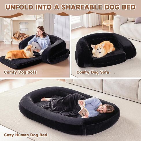 سرير Yojoker للكلاب البشرية للبالغين، سرير كبير قابل للطي مع بطانية، سرير قابل للغسل من الفرو الصناعي على الأرض للبالغين، سرير للكلاب كبير الحجم قابل للإزالة من الإسفنج ذو الذاكرة بحجم بشري باللون الأسود in Kuwait