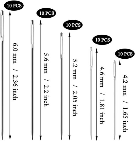 إبرة خياطة فور فاين، إبر تطريز يدوية، 5 أنواع من إبر خياطة العين الكبيرة (50 قطعة) مع علبة إبرة حبل واحدة in Kuwait