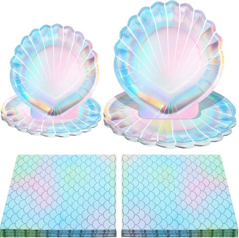 Cunhill 96 Pcs Mermaid Plates and Napkins Party Supplies, 7 Inch 9 Inch Seashell Plates Mermaid Party Plates and Mermaid Napkins for Mermaid Ocean Birthday Party Decoration Favors(Elegant Style) in Saudi Arabia