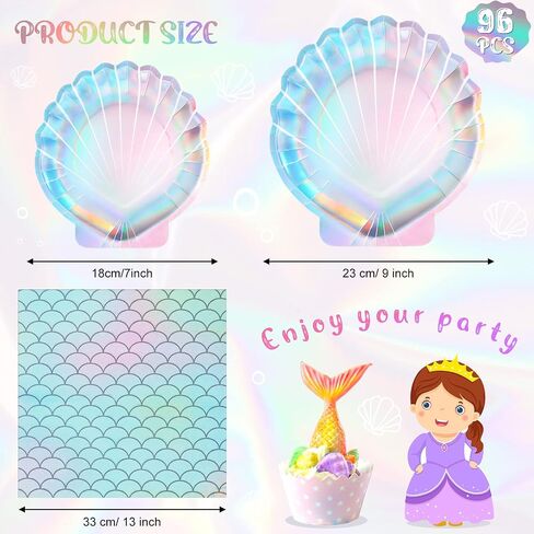 Cunhill 96 Pcs Mermaid Plates and Napkins Party Supplies, 7 Inch 9 Inch Seashell Plates Mermaid Party Plates and Mermaid Napkins for Mermaid Ocean Birthday Party Decoration Favors(Elegant Style) in Saudi Arabia