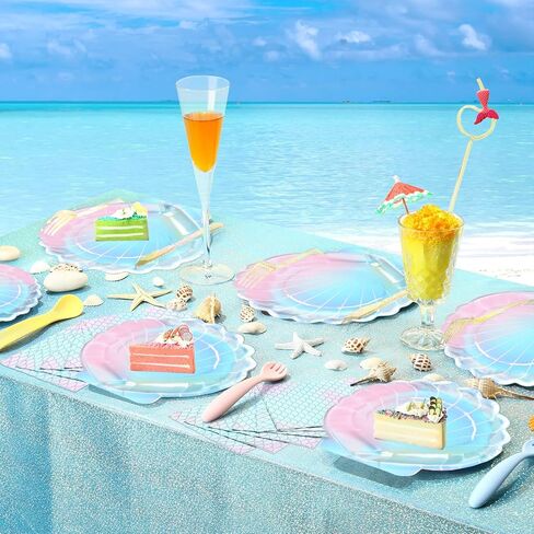 Cunhill 96 Pcs Mermaid Plates and Napkins Party Supplies, 7 Inch 9 Inch Seashell Plates Mermaid Party Plates and Mermaid Napkins for Mermaid Ocean Birthday Party Decoration Favors(Elegant Style) in Saudi Arabia