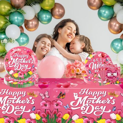 ديكورات عيد الأم، مجموعة أطباق ومناديل عيد الأم، زينة عيد الأم السعيدة، أطباق ورقية، مفرش طاولة لعيد الأم، مناديل عيد الأم، ديكورات عيد الأم للحفلات التي تخدم 25 ضيفًا in Kuwait