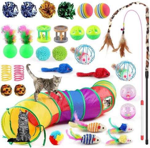 Oziral Cat Toys Set 32 PCS Kitten Toys Assortments Including 2 Way Rainbow Tunnel Cat Feather Teaser Wand Sisal Mice Bell Balls Crinkle Balls Interactive Cat Toys for Indoor Cats Kitten in Saudi Arabia