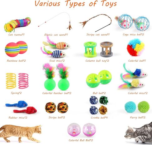 Oziral Cat Toys Set 32 PCS Kitten Toys Assortments Including 2 Way Rainbow Tunnel Cat Feather Teaser Wand Sisal Mice Bell Balls Crinkle Balls Interactive Cat Toys for Indoor Cats Kitten in Saudi Arabia