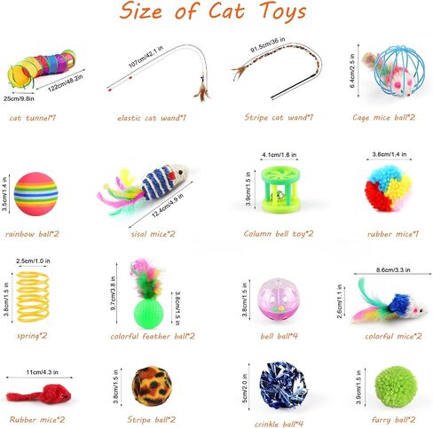 Oziral Cat Toys Set 32 PCS Kitten Toys Assortments Including 2 Way Rainbow Tunnel Cat Feather Teaser Wand Sisal Mice Bell Balls Crinkle Balls Interactive Cat Toys for Indoor Cats Kitten in Saudi Arabia