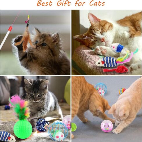 Oziral Cat Toys Set 32 PCS Kitten Toys Assortments Including 2 Way Rainbow Tunnel Cat Feather Teaser Wand Sisal Mice Bell Balls Crinkle Balls Interactive Cat Toys for Indoor Cats Kitten in Saudi Arabia