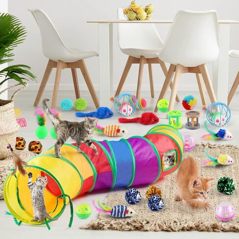 Oziral Cat Toys Set 32 PCS Kitten Toys Assortments Including 2 Way Rainbow Tunnel Cat Feather Teaser Wand Sisal Mice Bell Balls Crinkle Balls Interactive Cat Toys for Indoor Cats Kitten in Saudi Arabia