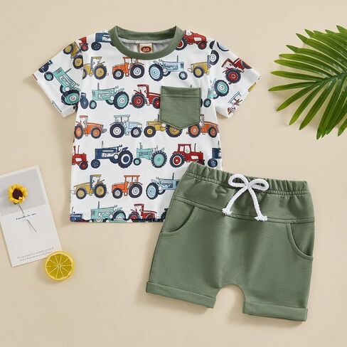 GuliriFei Toddler Baby Boy Farm Clothes Tractor Short Sleeve T-Shirt Casual Shorts Set Summer Outfit in Saudi Arabia