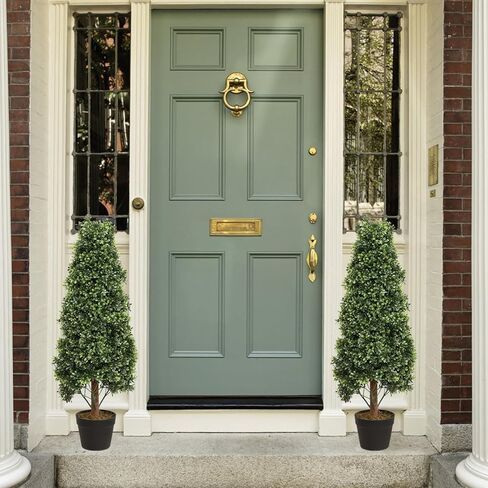 Damomo 3ft Topiary Trees Artificial Topiaries Boxwood Trees Outdoor Faux Shrub 2 Packs with Black Pot, Fake Bushes Potted Green Plants Decorative Indoor Porch or Garden（35inch） in Saudi Arabia