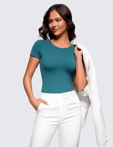 CRZ YOGA Butterluxe Womens Bodysuit Short Sleeve Crew Neck Bodysuit Tops Sexy Thong Soft Stretchy in Saudi Arabia