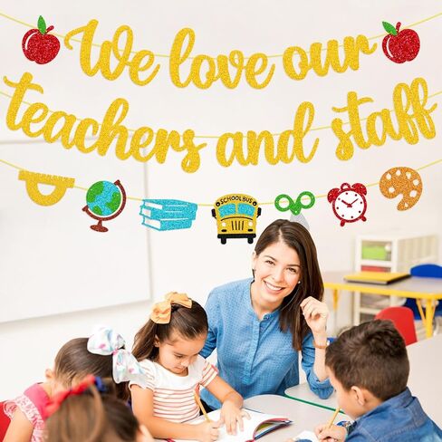 We Love Our Teachers and Staff Banner National Teacher Appreciation Week Decoration Thank You for Helping Us Grow Teachers Day Party Celebration Decor Supplies - Gold in Kuwait