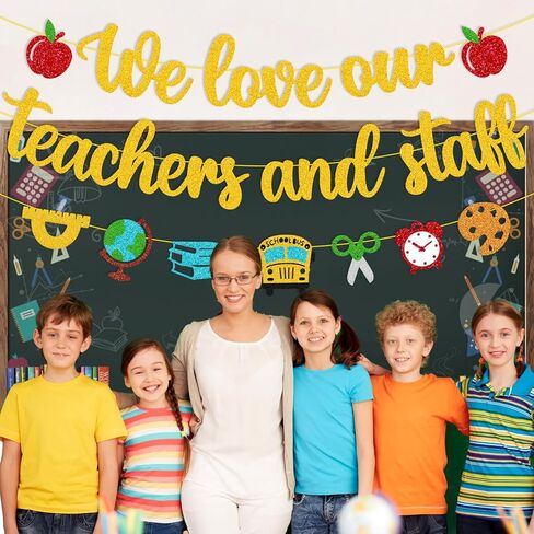 We Love Our Teachers and Staff Banner National Teacher Appreciation Week Decoration Thank You for Helping Us Grow Teachers Day Party Celebration Decor Supplies - Gold in Kuwait