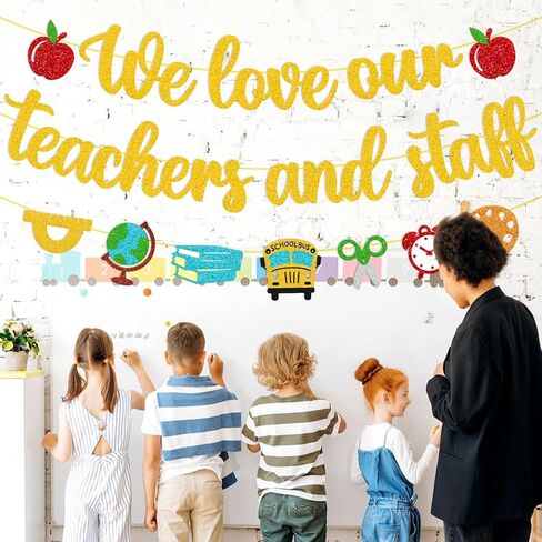 We Love Our Teachers and Staff Banner National Teacher Appreciation Week Decoration Thank You for Helping Us Grow Teachers Day Party Celebration Decor Supplies - Gold in Kuwait