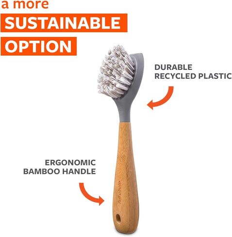 فرشاة ومكشطة أطباق من الخيزران متينة بدائرة كاملة - مجموعة أدوات تنظيف المطبخ لأواني الطبخ المصنوعة من الحديد الزهر والأطباق والأواني والمغاسل - شعيرات نايلون قوية وفرش تنظيف بمقبض in Kuwait