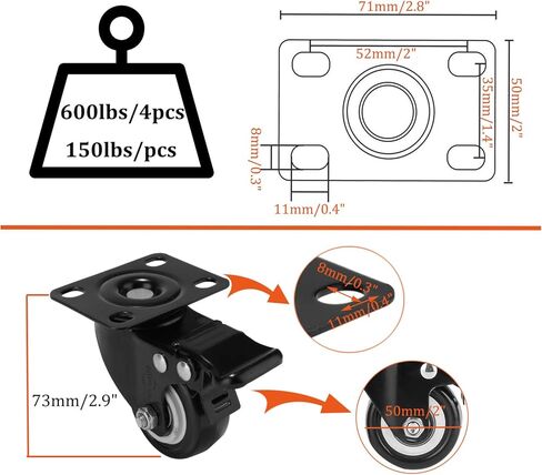 6" Caster Wheels Heavy Duty Casters 3000 lbs Polyurethane Swivel Casters Set of 4 No Noise Dual Locking Casters for Furniture and Workbench… in Kuwait