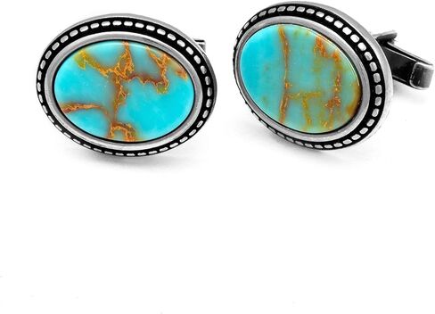 أزرار أكمام كبيرة من الفضة الإسترلينية للرجال من تشيكوتا مع شكل بيضاوي وأحجار كريمة فيروزية عتيقة in Kuwait