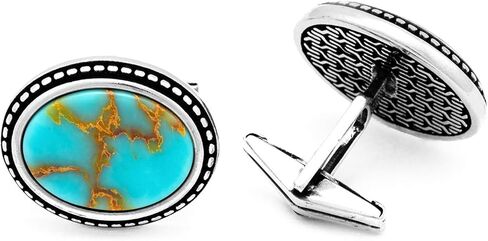 أزرار أكمام كبيرة من الفضة الإسترلينية للرجال من تشيكوتا مع شكل بيضاوي وأحجار كريمة فيروزية عتيقة in Kuwait