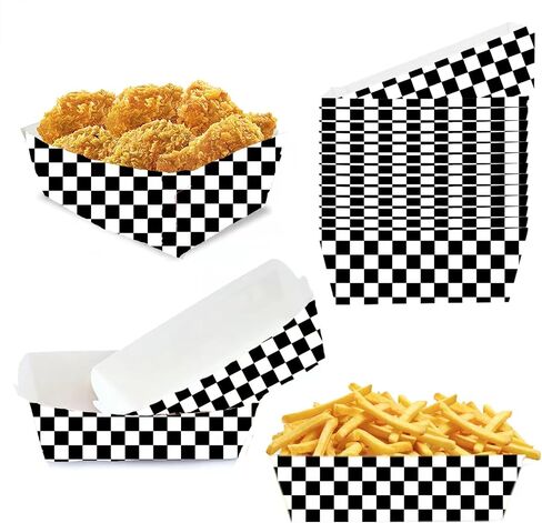 100 Packs Black and White Checkered Paper Food Trays Race Car Birthday Party Supplies Racing Car Party Supplies Checker Nacho Trays Paperboard Tray Racing Flag Hot Dog Food Trays in Saudi Arabia