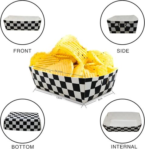 100 Packs Black and White Checkered Paper Food Trays Race Car Birthday Party Supplies Racing Car Party Supplies Checker Nacho Trays Paperboard Tray Racing Flag Hot Dog Food Trays in Saudi Arabia