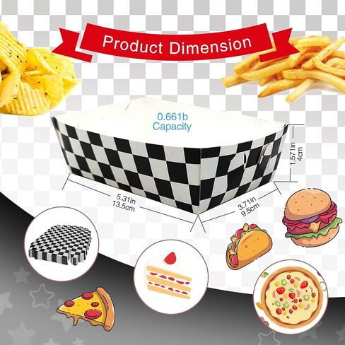 100 Packs Black and White Checkered Paper Food Trays Race Car Birthday Party Supplies Racing Car Party Supplies Checker Nacho Trays Paperboard Tray Racing Flag Hot Dog Food Trays in Saudi Arabia
